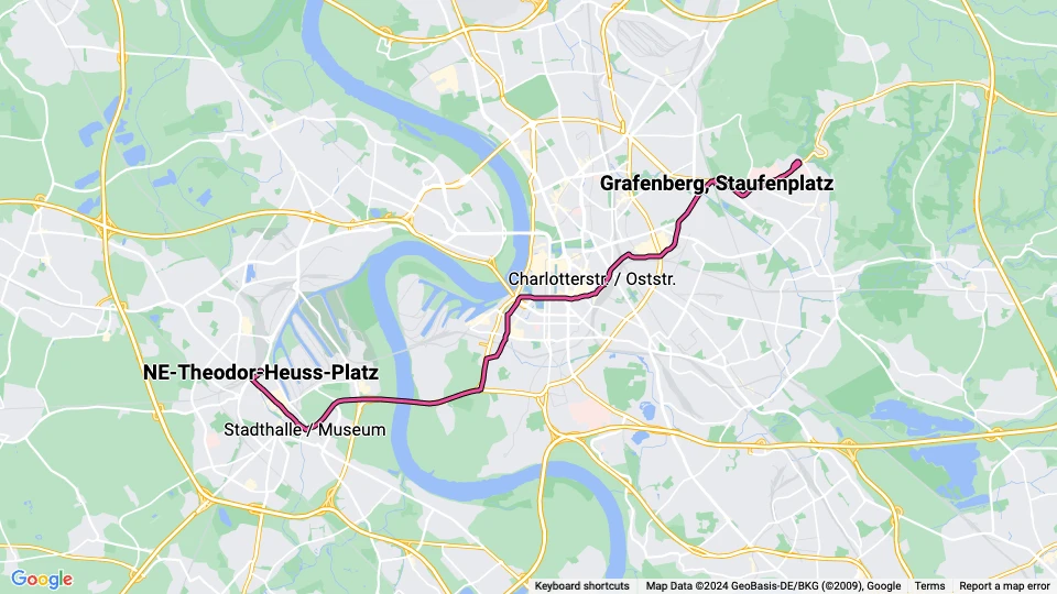 Düsseldorf Straßenbahnlinie 709: Gerresheim, Krankenhaus - NE-Theodor-Heuss-Platz Linienkarte