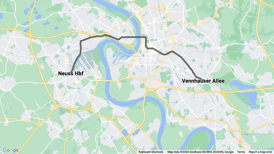 Düsseldorf Straßenbahnlinie 715: Neuss Hbf - Vennhauser Allee Linienkarte