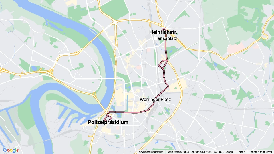 Düsseldorf Zusätzliche Linie 708: Heinrichstr. - Polizeipräsidium Linienkarte