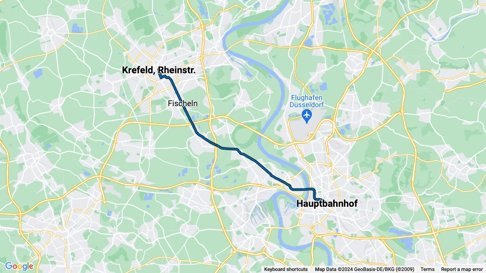 Düsseldorf Zusätzliche Regionlinie U76: Hauptbahnhof - Krefeld, Rheinstr. Linienkarte