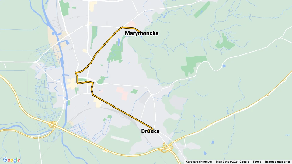 Elbląg Straßenbahnlinie 2: Druska - Marymoncka Linienkarte