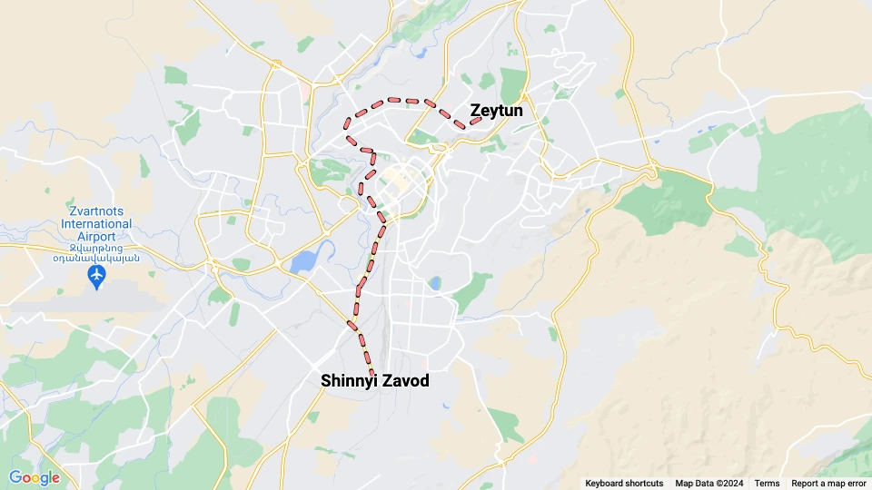 Eriwan Straßenbahnlinie 1: Zeytun - Shinnyi Zavod Linienkarte