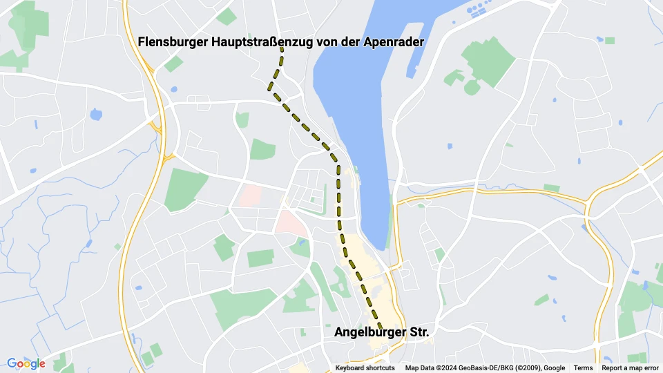 Flensburg Pferdebahnlinie: Angelburger Str. - Flensburger Hauptstraßenzug von der Apenrader Linienkarte