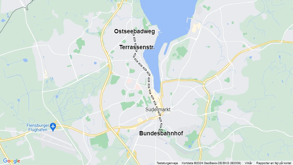 Flensburg Straßenbahnlinie 1: Bundesbahnhof - Ostseebadweg Linienkarte