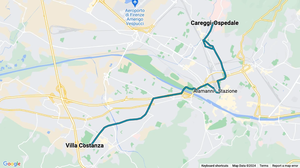 Florenz Straßenbahnlinie T1: Careggi-Ospedale - Villa Costanza Linienkarte