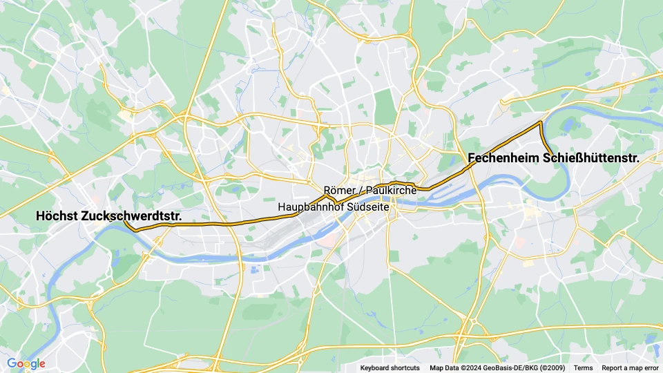 Frankfurt am Main Straßenbahnlinie 11: Höchst Zuckschwerdtstr. - Fechenheim Schießhüttenstr. Linienkarte