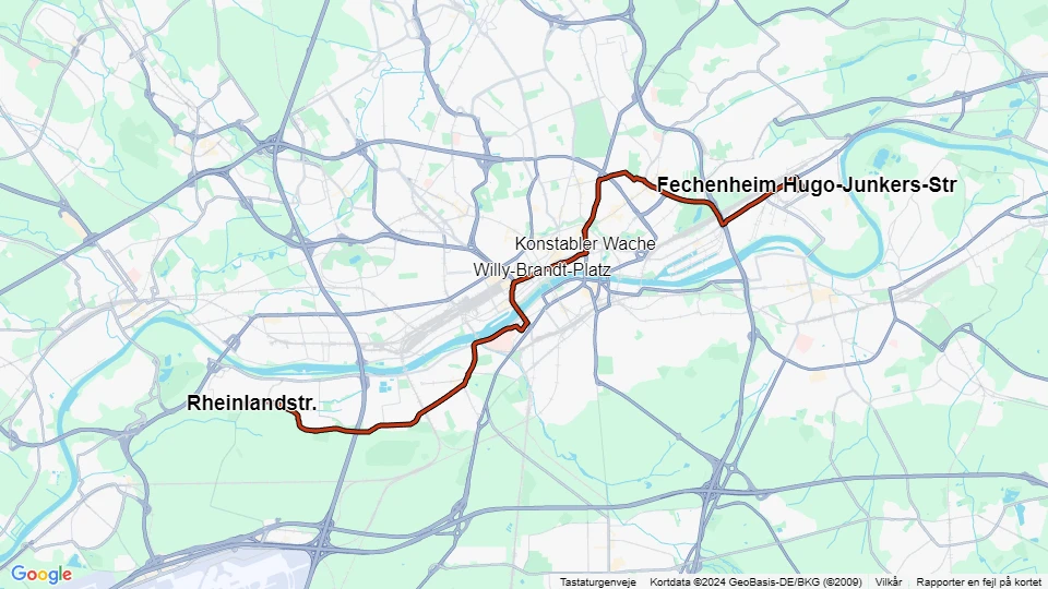 Frankfurt am Main Straßenbahnlinie 12: Rheinlandstr. - Fechenheim Hugo-Junkers-Str Linienkarte