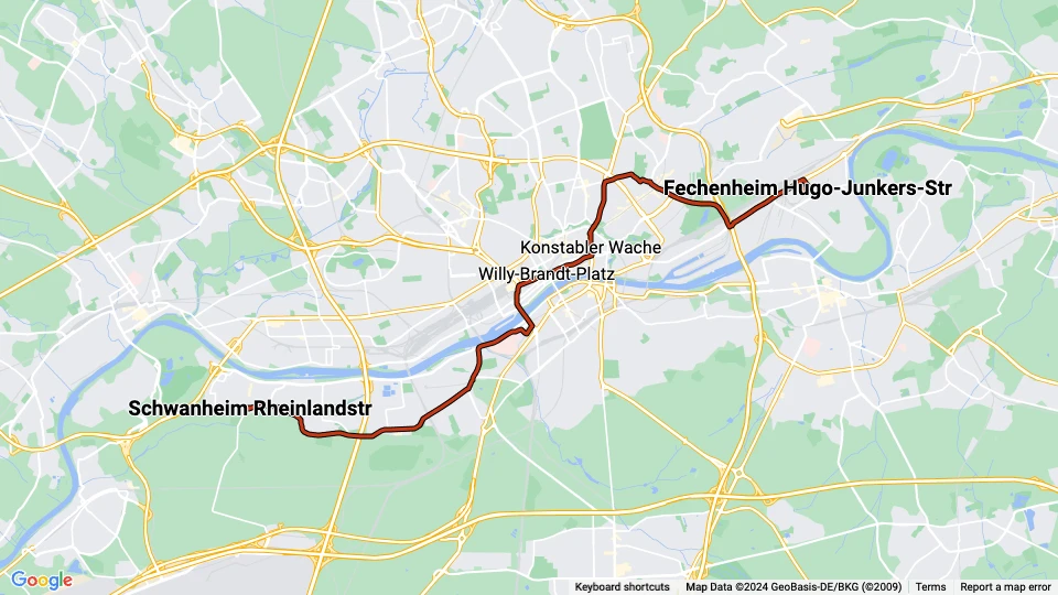 Frankfurt am Main Straßenbahnlinie 12: Schwanheim Rheinlandstr - Fechenheim Hugo-Junkers-Str Linienkarte