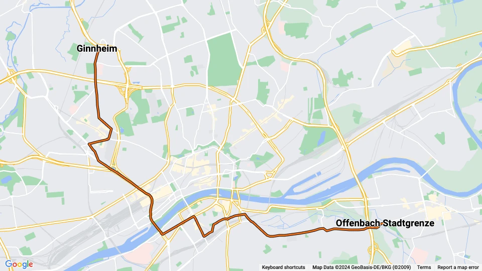 Frankfurt am Main Straßenbahnlinie 16: Offenbach Stadtgrenze - Ginnheim Linienkarte