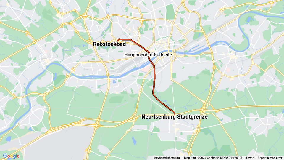 Frankfurt am Main Straßenbahnlinie 17: Rebstockbad - Neu-Isenburg Stadtgrenze Linienkarte