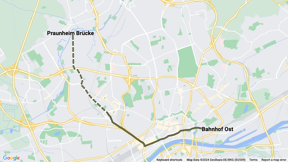 Frankfurt am Main Straßenbahnlinie 6: Praunheim Brücke - Bahnhof Ost Linienkarte