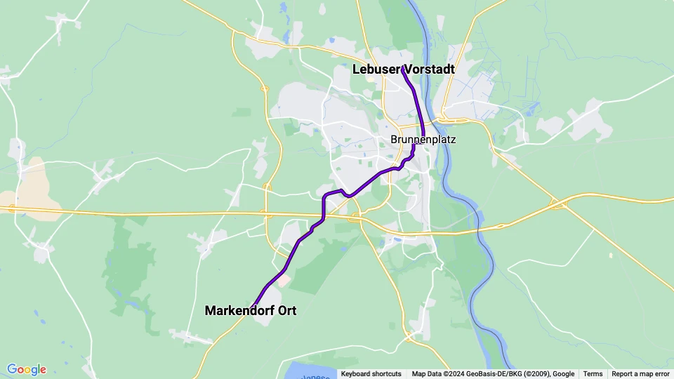 Frankfurt (Oder) Straßenbahnlinie 4: Markendorf Ort - Lebuser Vorstadt Linienkarte