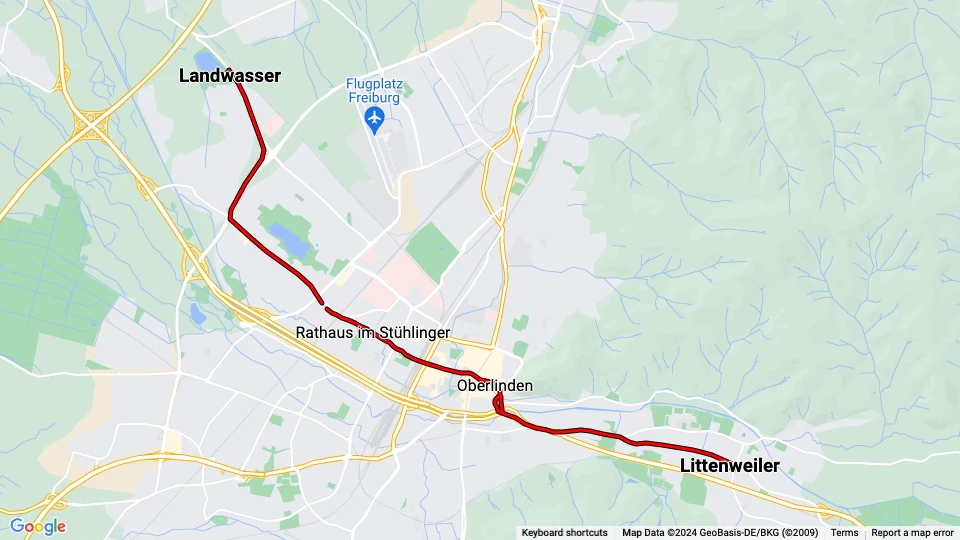 Freiburg im Breisgau Straßenbahnlinie 1: Littenweiler - Landwasser Linienkarte
