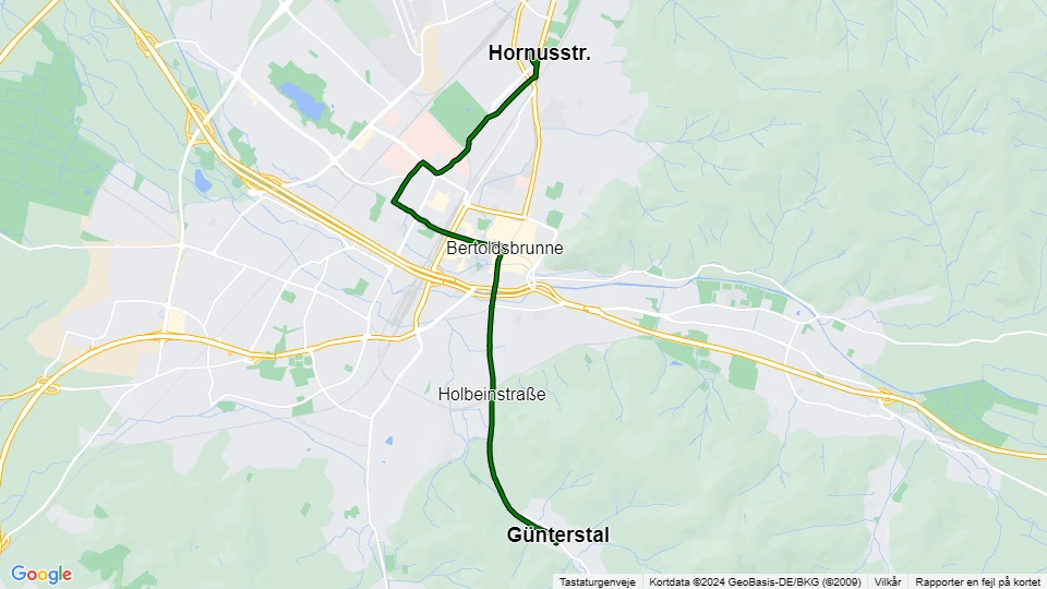 Freiburg im Breisgau Straßenbahnlinie 2: Hornusstr. - Günterstal Linienkarte