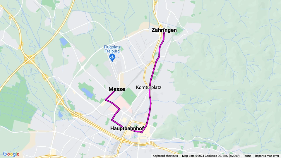 Freiburg im Breisgau Straßenbahnlinie 4: Zähringen - Messe Linienkarte