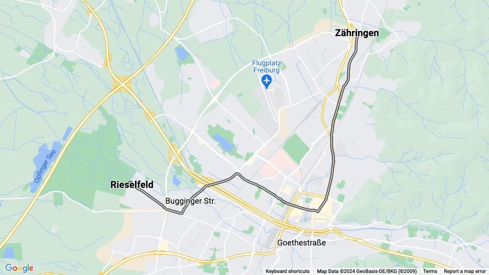 Freiburg im Breisgau Straßenbahnlinie 6: Rieselfeld - Zähringen Linienkarte