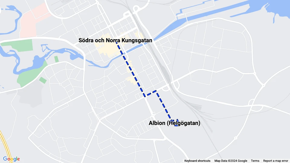 Gävle Straßenbahnlinie Blau: Albion (Helgögatan) - Södra och Norra Kungsgatan Linienkarte