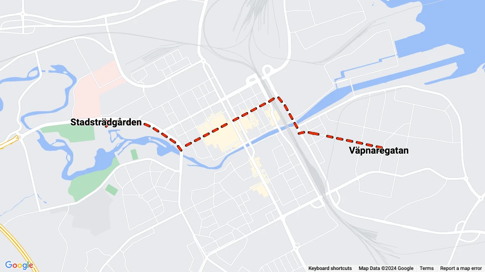 Gävle Straßenbahnlinie Rot: Väpnaregatan - Stadsträdgården Linienkarte