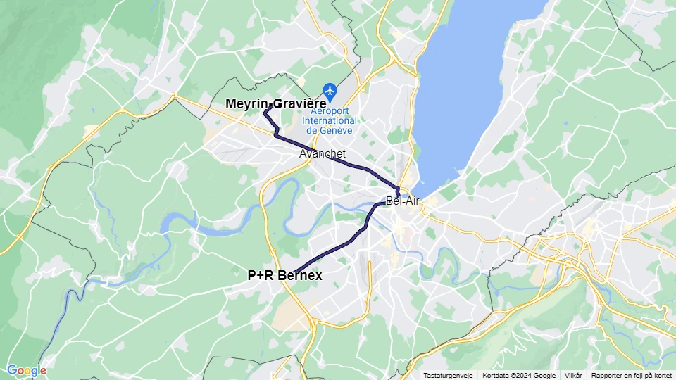 Genf Straßenbahnlinie 14: P+R Bernex - Meyrin-Gravière Linienkarte