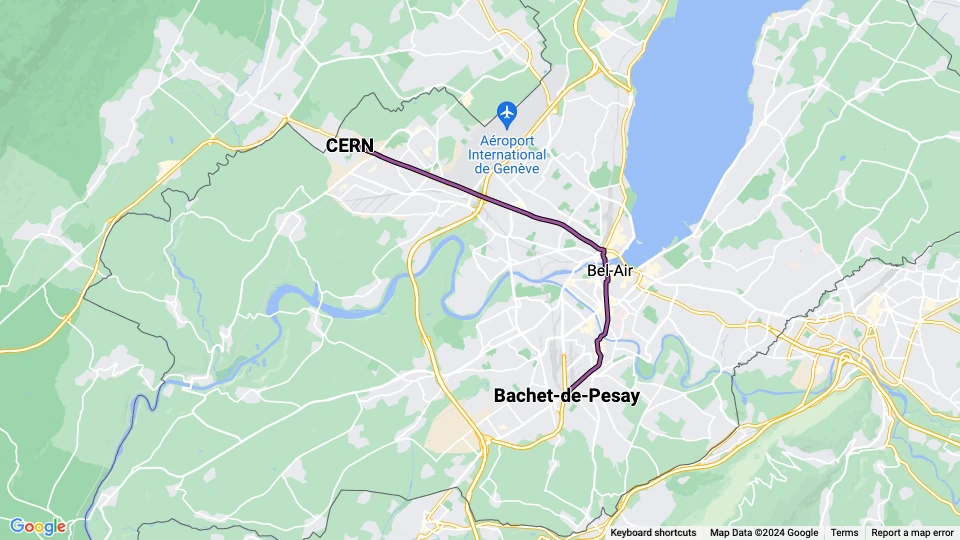 Genf Straßenbahnlinie 18: Bachet-de-Pesay - CERN Linienkarte