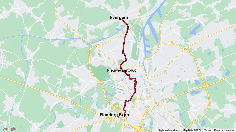 Gent Straßenbahnlinie 1: Flanders Expo - Evergem Linienkarte
