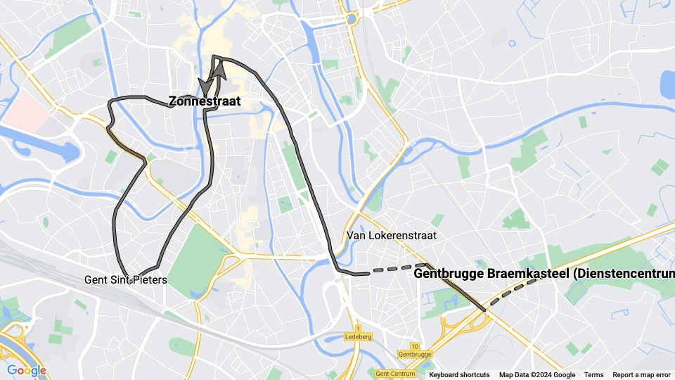 Gent Straßenbahnlinie 22: Zonnestraat - Gentbrugge Braemkasteel (Dienstencentrum) Linienkarte