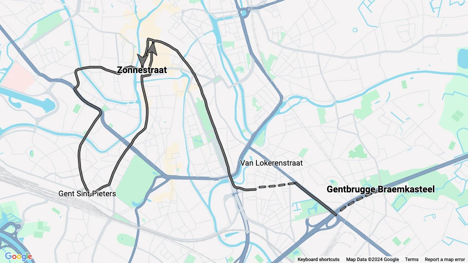 Gent Straßenbahnlinie 22: Zonnestraat - Gentbrugge Braemkasteel Linienkarte