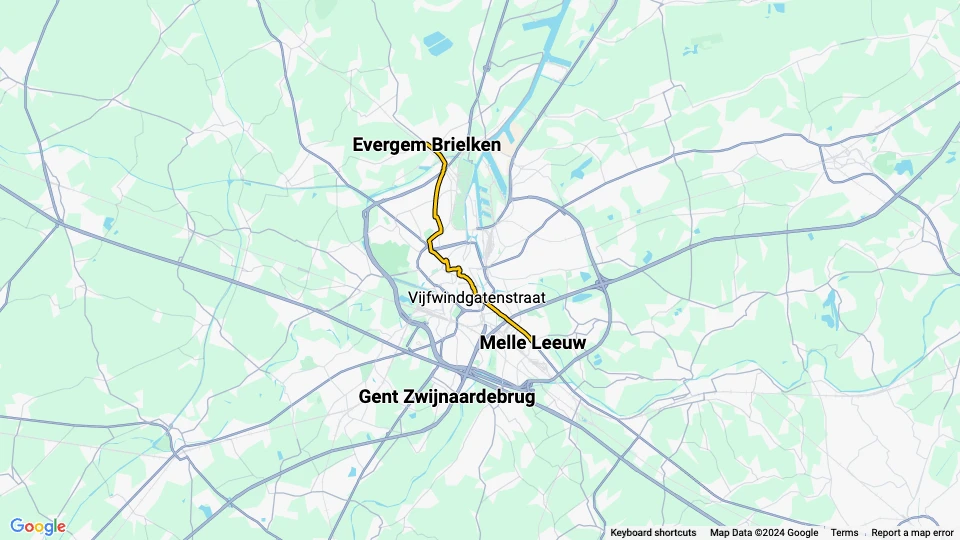 Gent Straßenbahnlinie T2: Melle Leeuw - Evergem Brielken Linienkarte