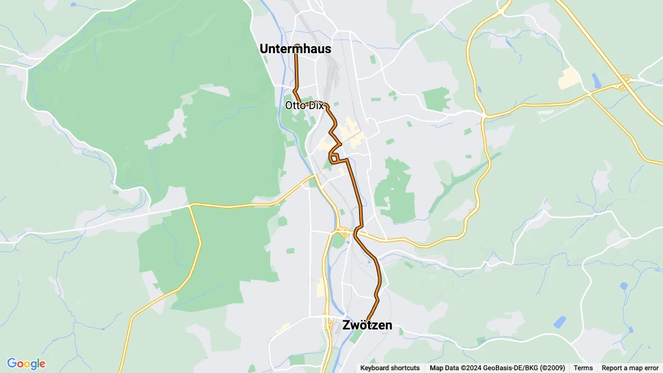 Gera Straßenbahnlinie 1: Zwötzen - Untermhaus Linienkarte