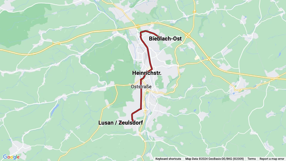 Gera Straßenbahnlinie 3: Lusan / Zeulsdorf - Bieblach-Ost Linienkarte
