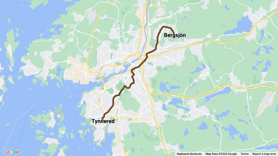 Göteborg Straßenbahnlinie 7: Tynnered - Bergsjön Linienkarte