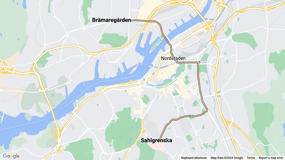 Göteborg Zusätzliche Linie 13: Sahlgrenska - Brämaregården Linienkarte