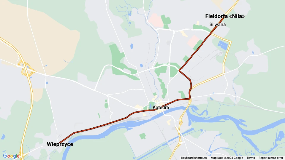 Gorzów Wielkopolski Straßenbahnlinie 1: Wieprzyce - Fieldorfa «Nila» Linienkarte