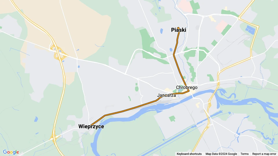 Gorzów Wielkopolski Straßenbahnlinie 2: Wieprzyce - Piaski Linienkarte