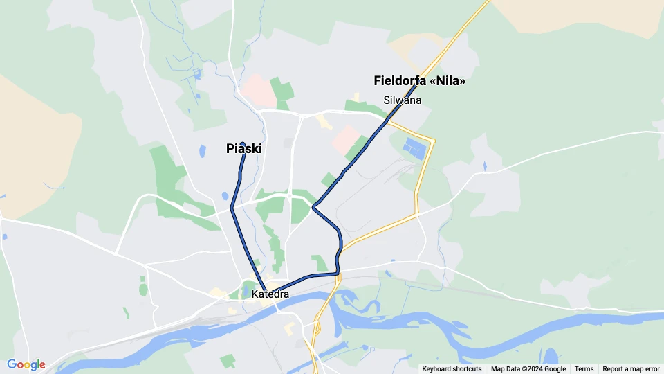 Gorzów Wielkopolski Straßenbahnlinie 3: Fieldorfa «Nila» - Piaski Linienkarte