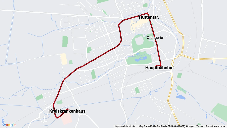 Gotha Straßenbahnlinie 1: Hauptbahnhof - Kreiskrankenhaus Linienkarte