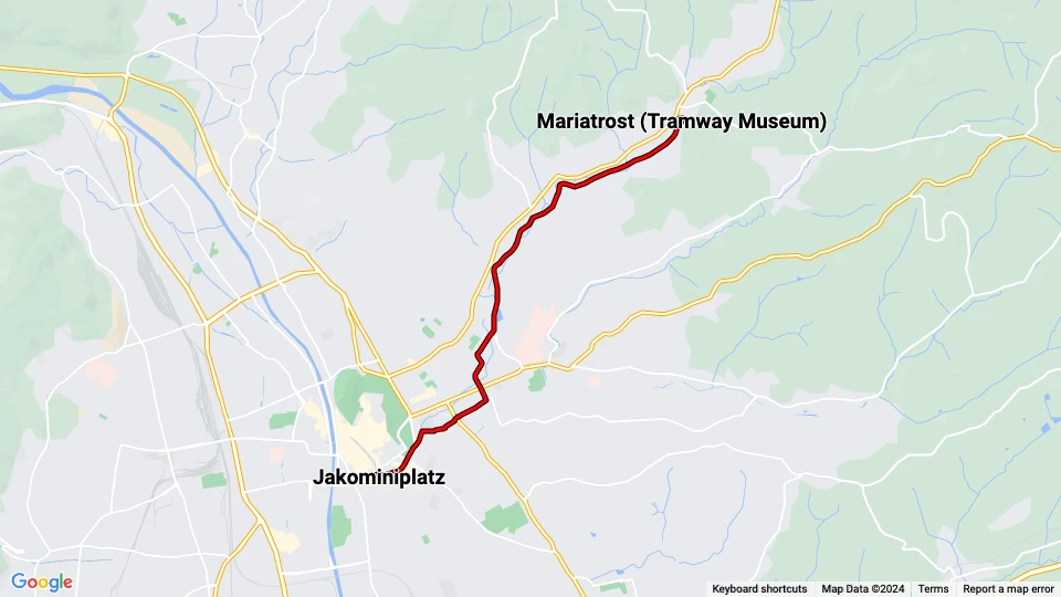 Graz Oldtimer-Straßenbahn: Jakominiplatz - Mariatrost (Tramway Museum) Linienkarte