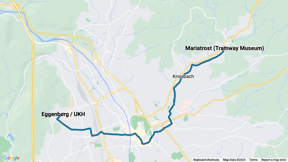 Graz Straßenbahnlinie 1: Mariatrost (Tramway Museum) - Eggenberg / UKH Linienkarte