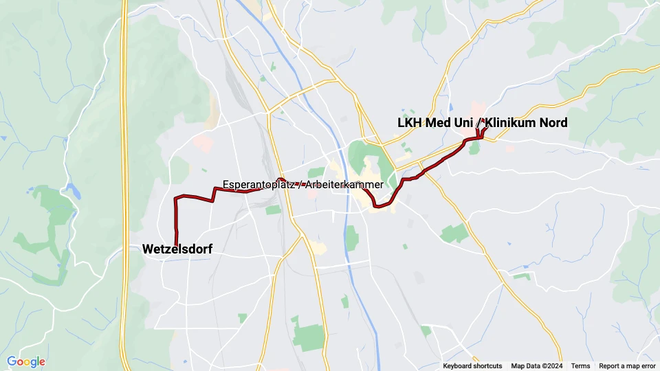 Graz Straßenbahnlinie 7: Wetzelsdorf - LKH Med Uni / Klinikum Nord Linienkarte