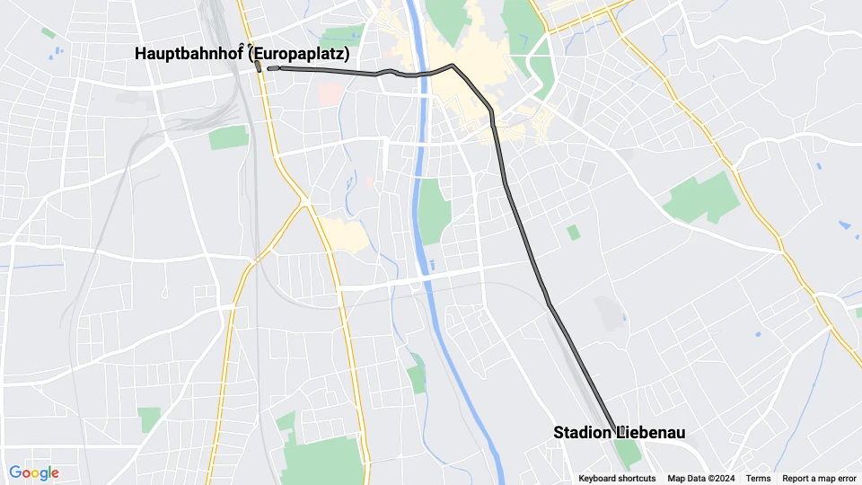 Graz Zusätzliche Linie 14: Hauptbahnhof (Europaplatz) - Stadion Liebenau Linienkarte