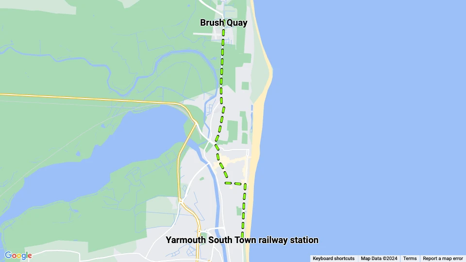 Great Yarmouth Tramways: Yarmouth South Town railway station - Brush Quay Linienkarte