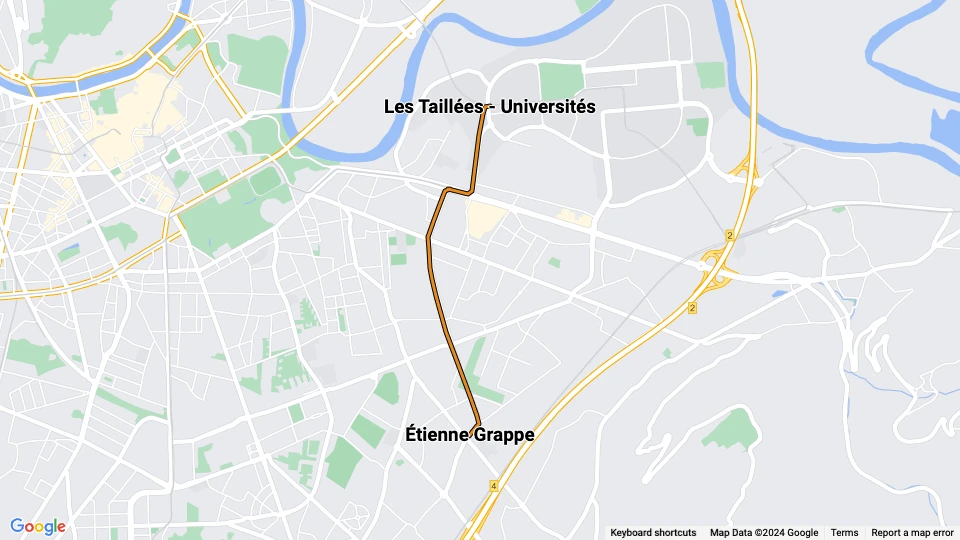 Grenoble Straßenbahnlinie D: Les Taillées - Universités - Étienne Grappe Linienkarte