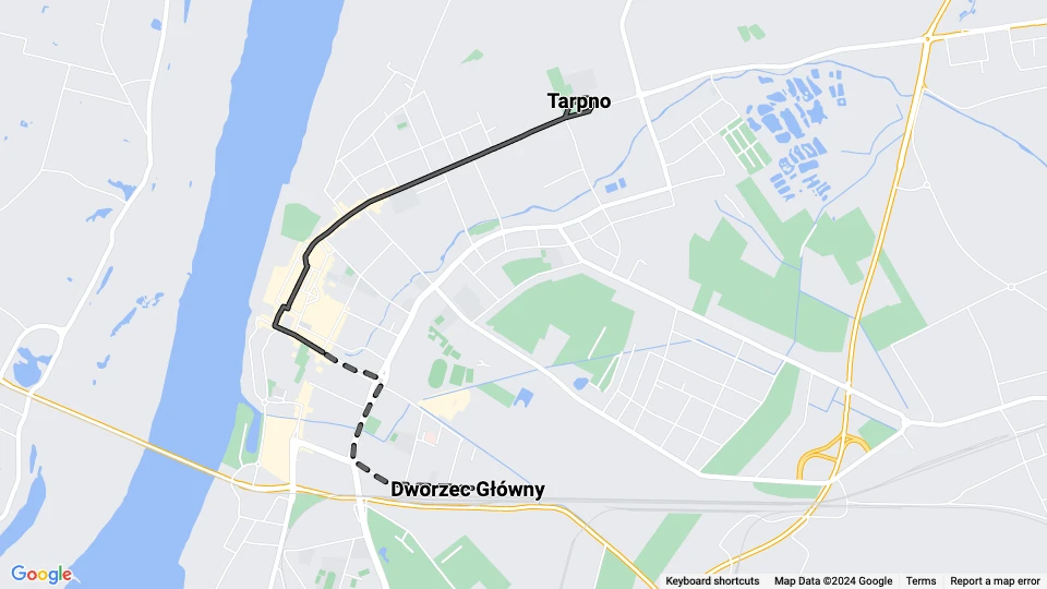 Grudziądz Straßenbahnlinie 1: Tarpno - Dworzec Główny Linienkarte