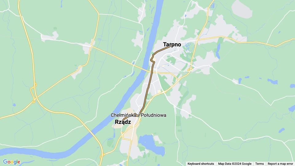 Grudziądz Straßenbahnlinie T2: Rządz - Tarpno Linienkarte