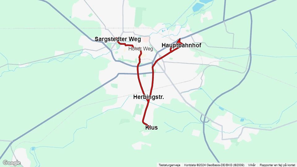 Halberstadt Straßenbahnlinie 2: Hauptbahnhof - Sargstedter Weg Linienkarte