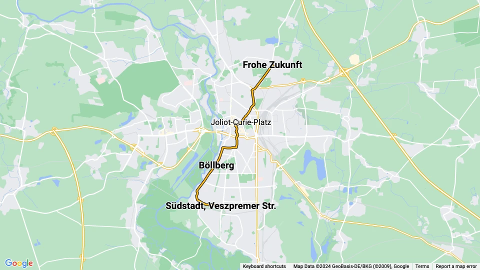 Halle (Saale) Straßenbahnlinie 1: Frohe Zukunft - Südstadt, Veszpremer Str. Linienkarte