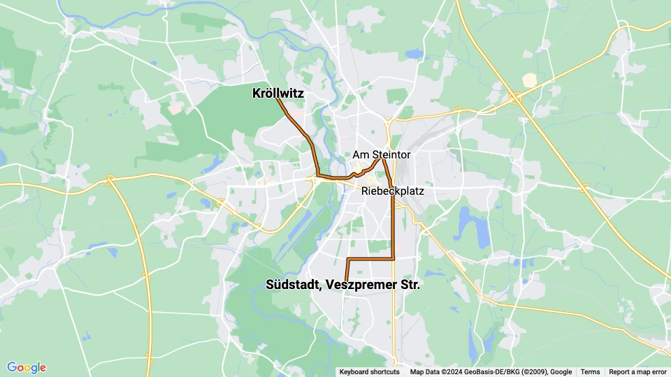 Halle (Saale) Straßenbahnlinie 2: Südstadt, Veszpremer Str. - Kröllwitz Linienkarte