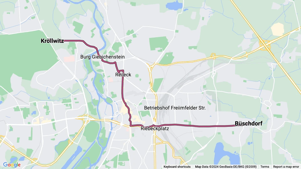 Halle (Saale) Straßenbahnlinie 7: Kröllwitz - Büschdorf Linienkarte