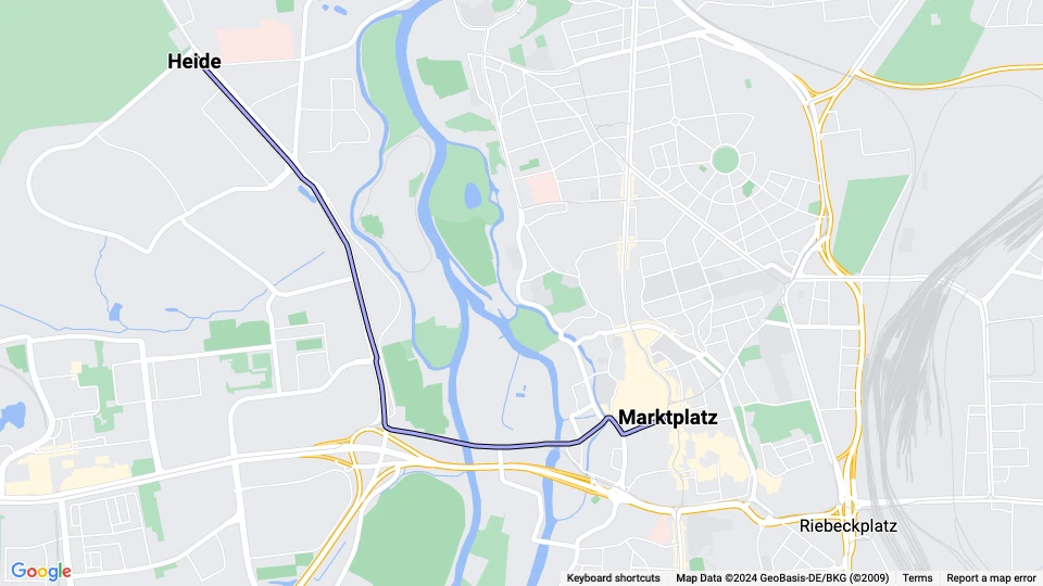 Halle (Saale) Zusätzliche Linie 5E: Marktplatz - Heide Linienkarte