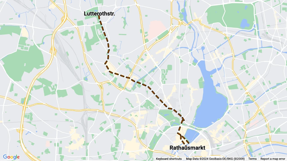 Hamburg Straßenbahnlinie 16: Rathausmarkt - Lutterothstr. Linienkarte